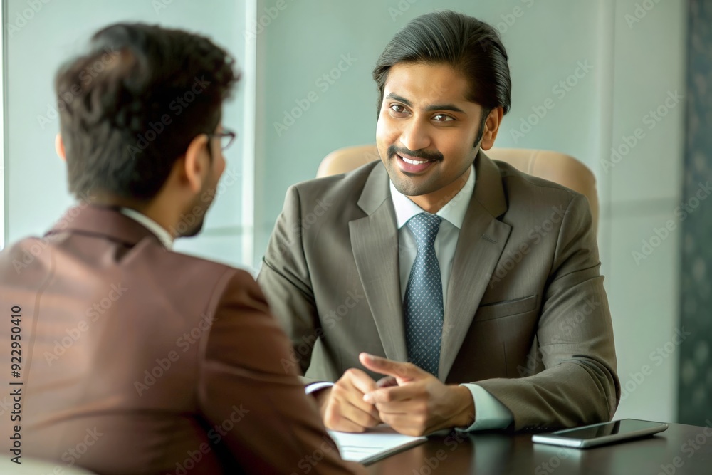 An Indian banker in formal attire, discussing loan options or financial products with a customer, often in a bank setting.
An Indian banker in formal attire, discussing loan options or financial products with a customer, often in a bank setting.