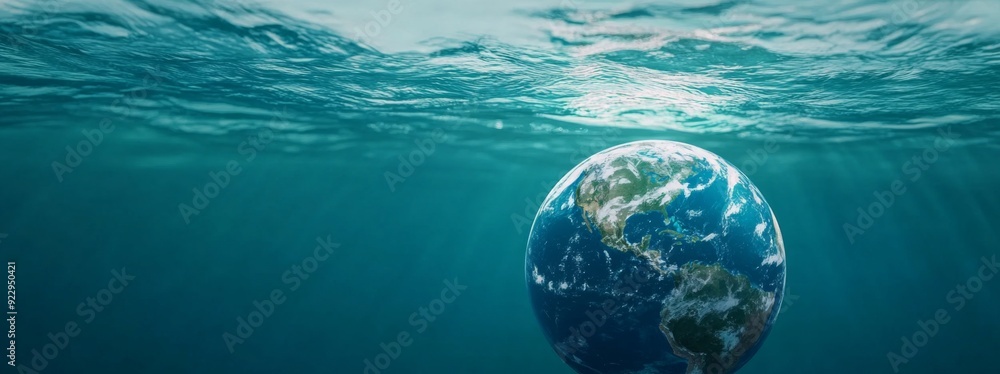 Obraz premium Aqua Globe Odyssey: A Close-Up on a Transparent Blue Globe Adrift in the Deep Sea, Honoring World Oceans Day.,Abstract Art