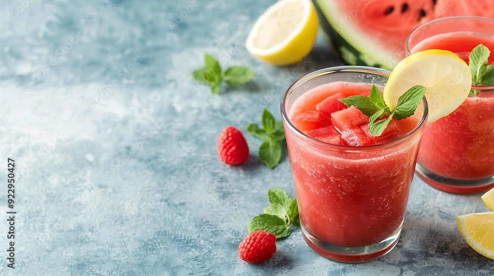 Watermelon smoothie with lemon and mint in a glass on a light blue slate stone or concrete background Watermelon smoothie with lemon and mint in a glass on a light blue slate stone or concrete background