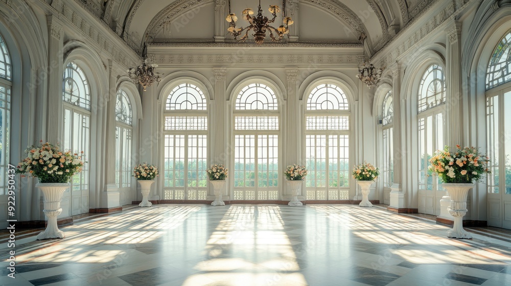 Fototapeta premium Beautiful empty room in Victoria Memorial, Kolkata, with large windows and white vases filled with flowers