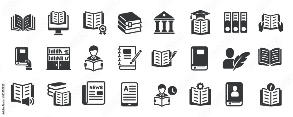 Book glyph solid icons collection. Containing content education, learn, document, library. Minimal icon and symbol series vector illustration Book glyph solid icons collection. Containing content education, learn, document, library. Minimal icon and symbol series vector illustration