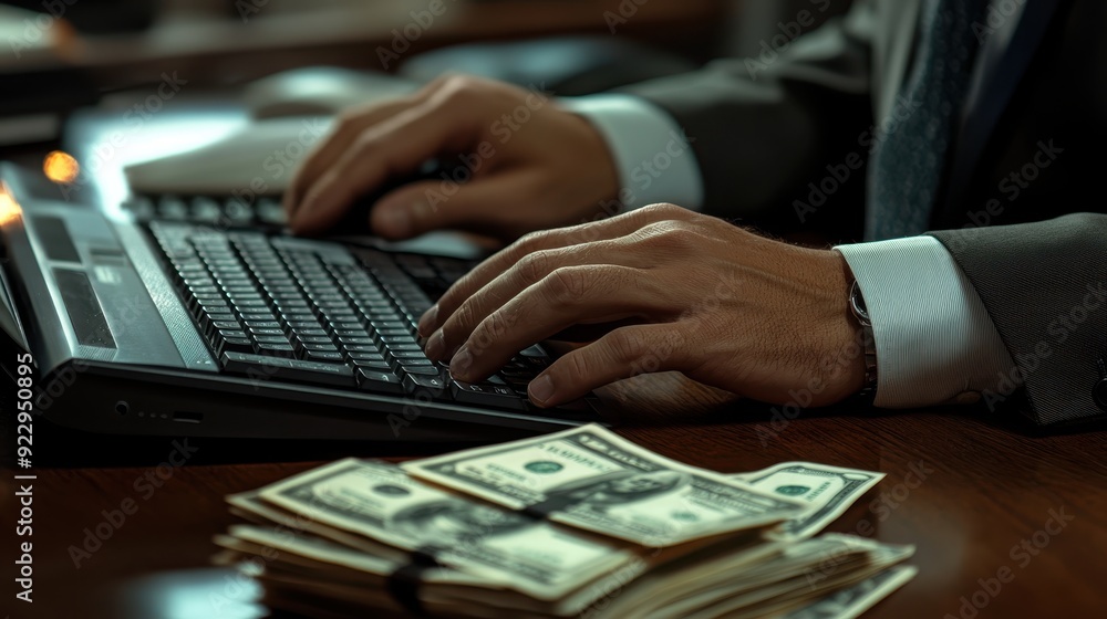 Businessman's hands on a keyboard with a stack of cash beside the computer, emphasizing digital earnings Businessman's hands on a keyboard with a stack of cash beside the computer, emphasizing digital earnings