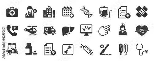 Healthcare glyph solid icons collection. Containing content medical, medicine, care, clinic. Minimal icon and symbol series vector illustration