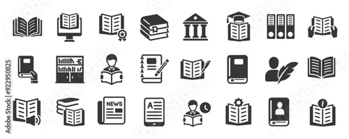 Book glyph solid icons collection. Containing content education, learn, document, library. Minimal icon and symbol series vector illustration