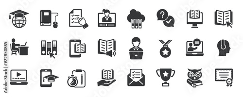 E-learning glyph solid icons collection. Containing content education, learn, tutorial, training. Minimal icon and symbol series vector illustration