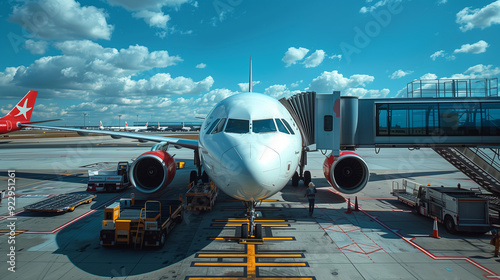 Airplane parked at the gate with jet bridge attached, passengers boarding.