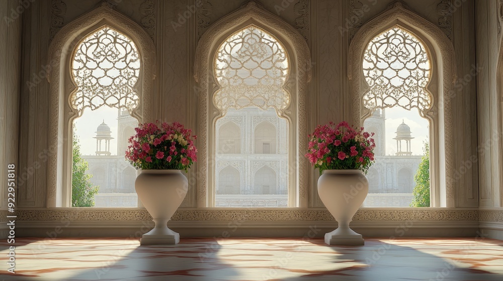 Fototapeta premium Taj Mahal interior with two large windows and white vases filled with flowers, capturing the serene beauty