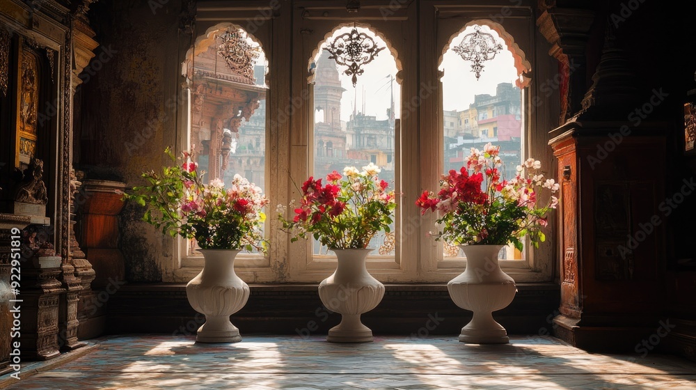 Serene view inside Varanasi's temple with large windows and white vases holding fragrant flowers Serene view inside Varanasi's temple with large windows and white vases holding fragrant flowers