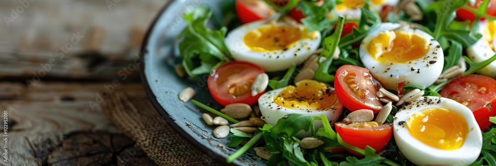 Colorful salad featuring tomatoes, arugula, sunflower seeds, and halved quail eggs on a wooden surface Colorful salad featuring tomatoes, arugula, sunflower seeds, and halved quail eggs on a wooden surface