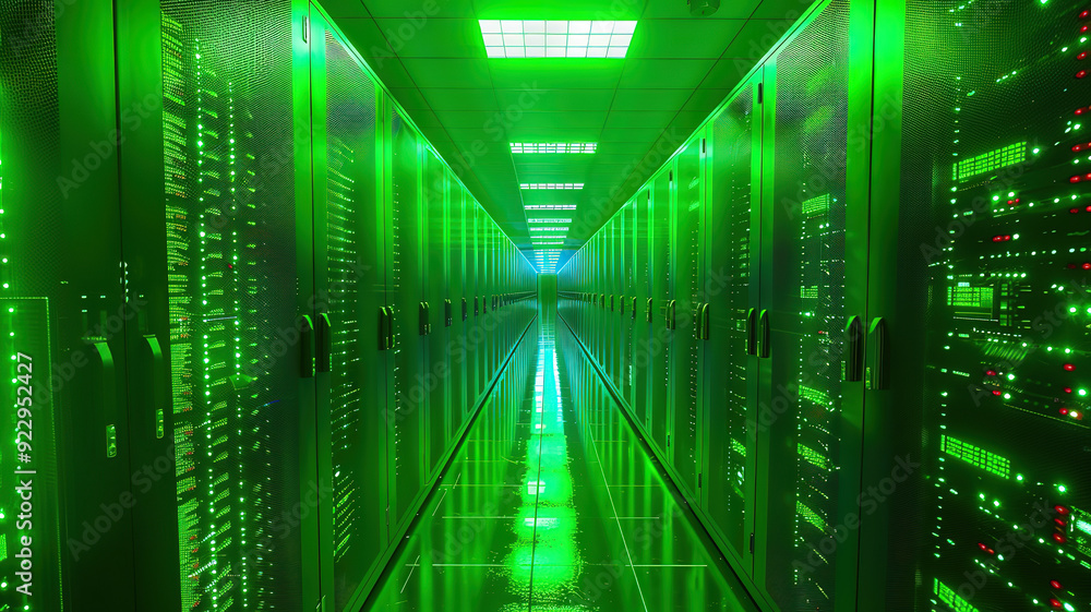 Obraz premium Eyecatching Shot of Corridor in Working Data Center Full of Rack Servers and Supercomputers
