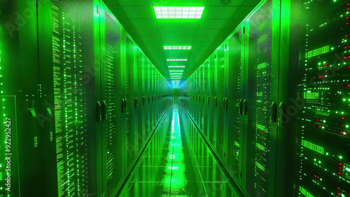 Eyecatching Shot of Corridor in Working Data Center Full of Rack Servers and Supercomputers