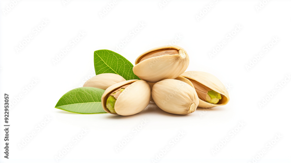 Pistachios with a leaf isolated on a white background in a photo realistic image, with detailed textures and colors, in a high resolution. Pistachios with a leaf isolated on a white background in a photo realistic image, with detailed textures and colors, in a high resolution.