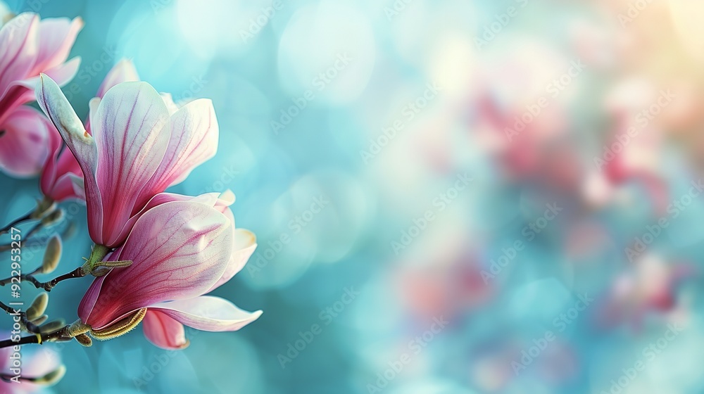 Fototapeta premium A magnolia tree with blossoming flowers during. Generative Ai