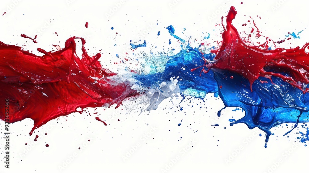 Produce an image of a French paint splash flag with blue, red, and white liquid explosion, set against a white background. France tricolore, Europe celebration, soccer, travel, tourism concept Produce an image of a French paint splash flag with blue, red, and white liquid explosion, set against a white background. France tricolore, Europe celebration, soccer, travel, tourism concept