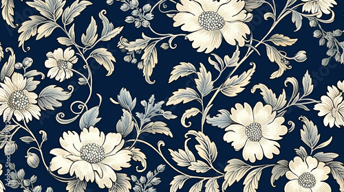 Vintage floral pattern on a dark blue background with white flowers and leaves, antique print style pattern for fabric or textile,seamless wallpaper, patterns, background, backdrop, wallpaper