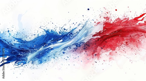 Generate a vibrant image of a French paint splash flag in blue, red, and white, with a liquid explosion effect on a white background. France tricolore, Europe celebration, soccer, travel, tourism