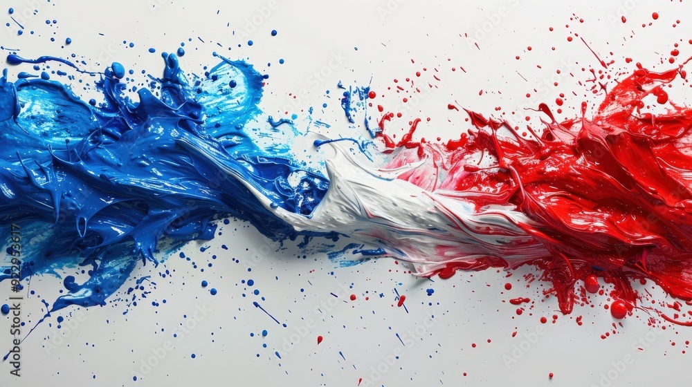 Craft a visual of a French flag created by blue, red, and white paint splashes, isolated on a white background. France tricolore, Europe celebration, soccer, travel, tourism concept Craft a visual of a French flag created by blue, red, and white paint splashes, isolated on a white background. France tricolore, Europe celebration, soccer, travel, tourism concept
