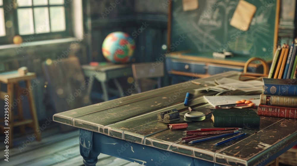 Classroom essentials school desk equipped with a variety of school supplies for students Classroom essentials school desk equipped with a variety of school supplies for students