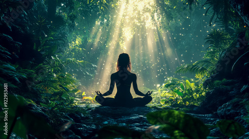 Fototapeta Naklejka Na Ścianę i Meble -  Woman is practicing yoga in a lush forest, enjoying the peace and tranquility of nature