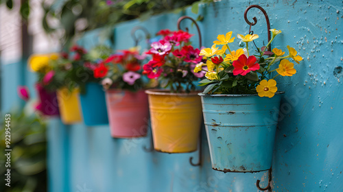 A cluster of vibrant flowers displayed on a wall adding color and beauty to the space ,ceramic flower pots decorating the walls of houses ,Flowers in colorful pots on the wall
