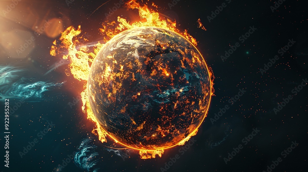 A burning Earth engulfed in flames and smoke against a starry background. A burning Earth engulfed in flames and smoke against a starry background.