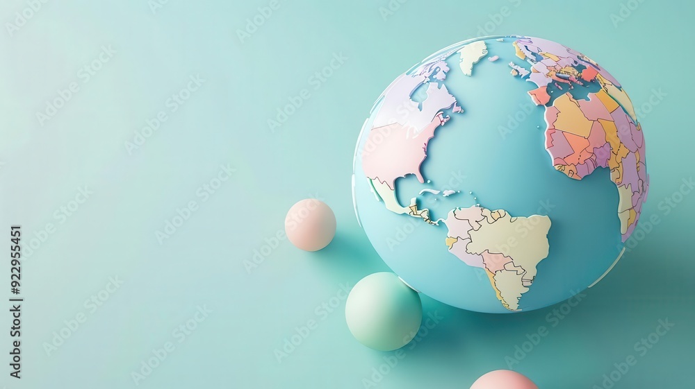 Obraz premium Colorful globe on a mint background with geometric shapes, symbolizing global travel, education, and exploration.