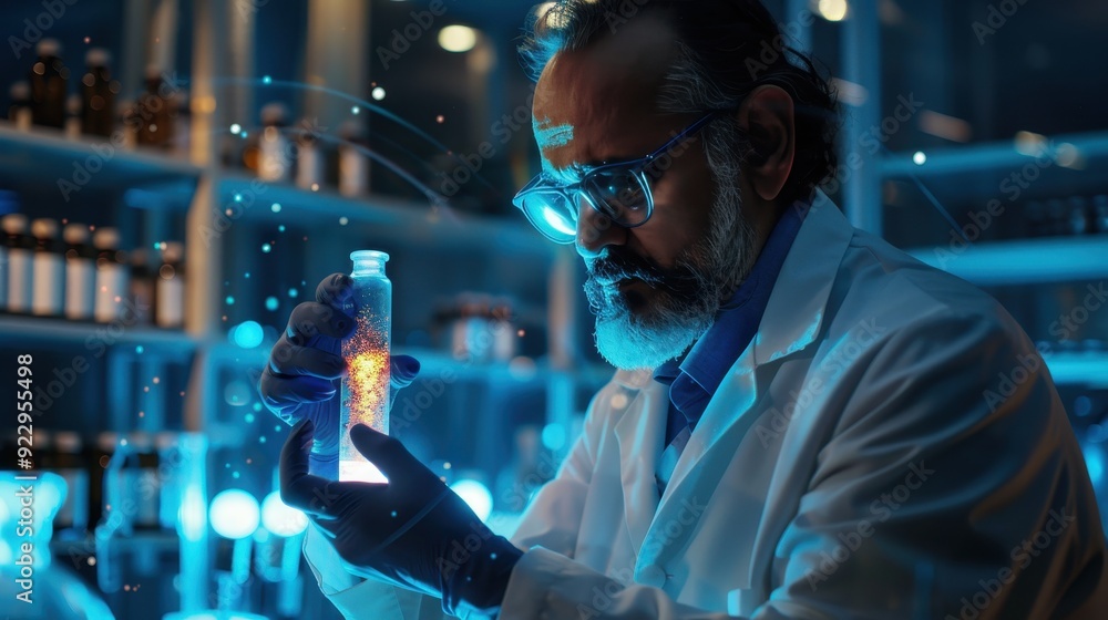 A scientist carefully studies a glowing vial, surrounded by laboratory equipment and illuminated bottles A scientist carefully studies a glowing vial, surrounded by laboratory equipment and illuminated bottles