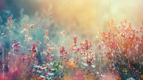 Colorful autumn meadow flowers in fresh morning light vintage landscape with beautiful fall blooms