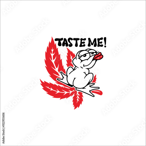 illustration of a frog sitting on a red leaf and the words taste me!. It can be used as stickers, graphic designs