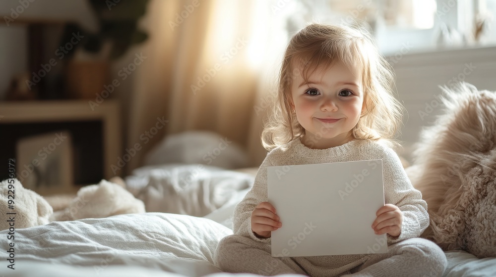 smiling girl sitting on a bed. She is holding a square blank white book in her hands smiling girl sitting on a bed. She is holding a square blank white book in her hands