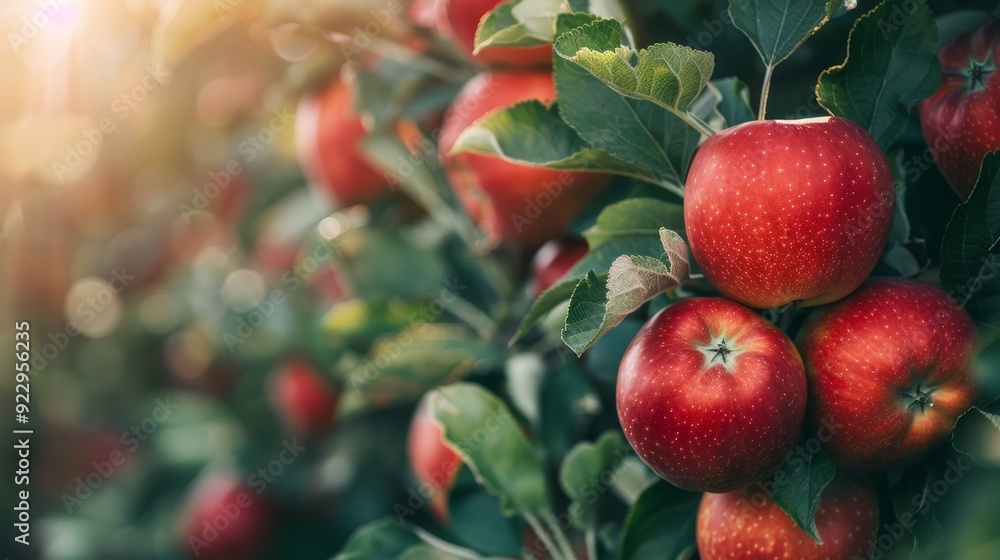 Ripe red apples ready for harvest in orchard, selective focus on tree with luscious fruits Ripe red apples ready for harvest in orchard, selective focus on tree with luscious fruits