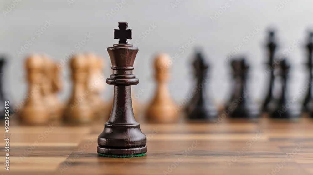 Closeup of a black chess king piece on a wooden chessboard. Closeup of a black chess king piece on a wooden chessboard.