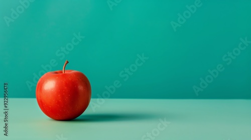 Single red apple on a turquoise surface with copy space.