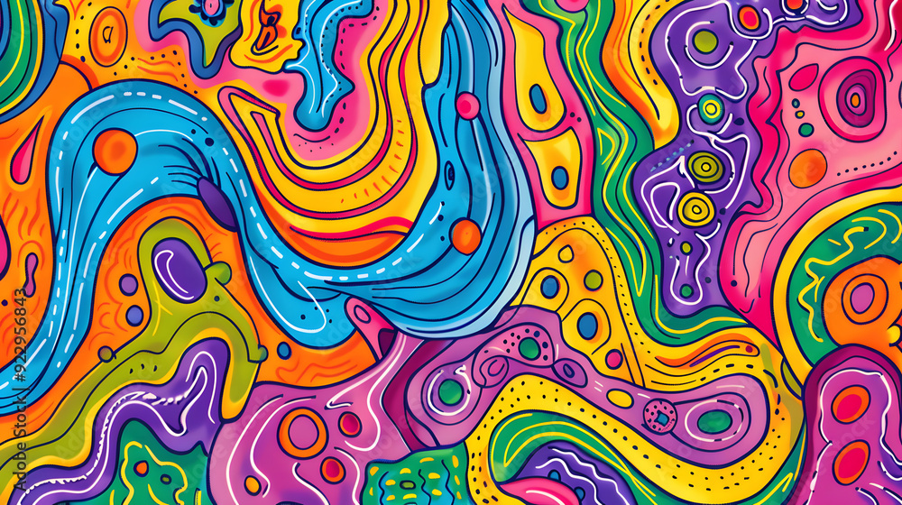 A vivid, abstract pattern featuring swirling, wavy lines and bold shapes in a dynamic mix of vibrant colors like orange, purple, pink, and blue A vivid, abstract pattern featuring swirling, wavy lines and bold shapes in a dynamic mix of vibrant colors like orange, purple, pink, and blue