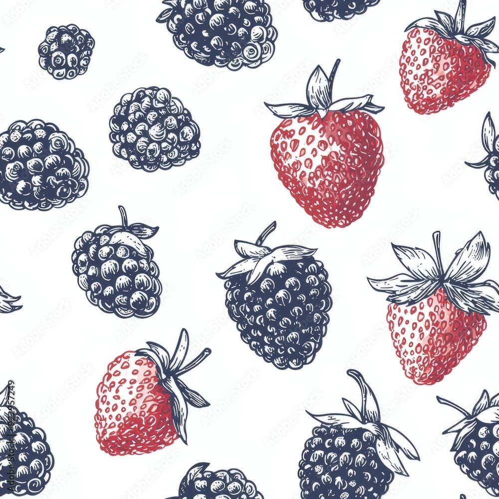 Seamless pattern of hand-drawn berries like strawberries, blueberries, and blackberries Seamless pattern of hand-drawn berries like strawberries, blueberries, and blackberries