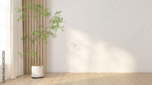 Fototapeta Naklejka Na Ścianę i Meble -  Empty room decorated with white wall and wood slat wall. 3d rendering