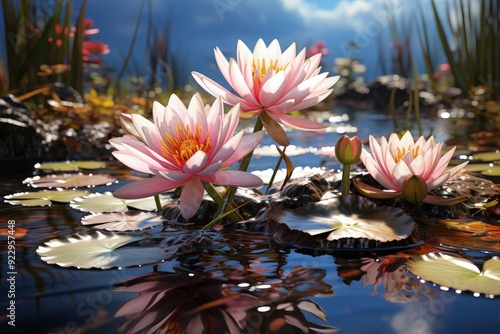 A water lily and its reflection in a still pond photo