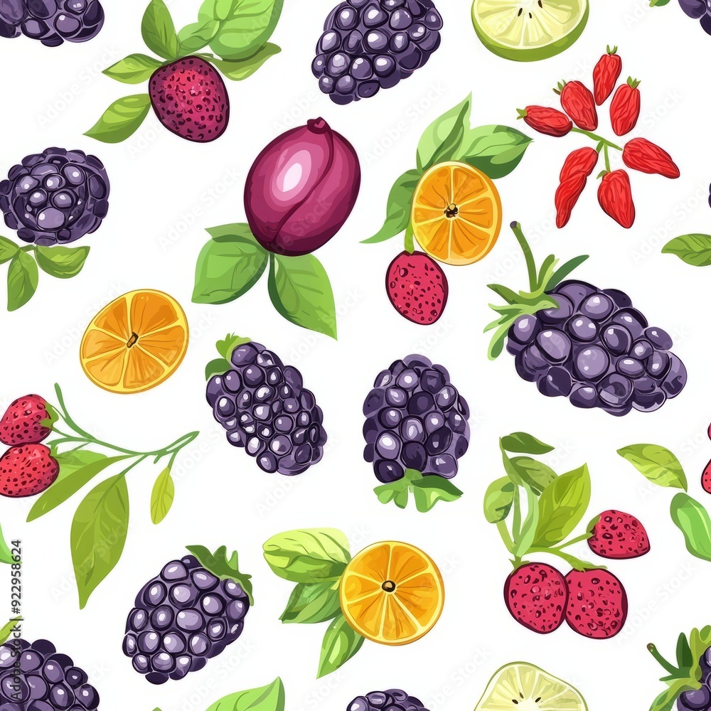 Seamless pattern of tropical berries such as acai and goji berries with exotic touches Seamless pattern of tropical berries such as acai and goji berries with exotic touches