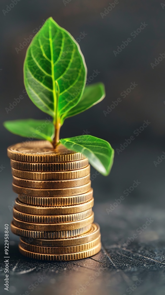 Green plant growing from a stack of gold coins, symbolizing financial growth and prosperity. Green plant growing from a stack of gold coins, symbolizing financial growth and prosperity.