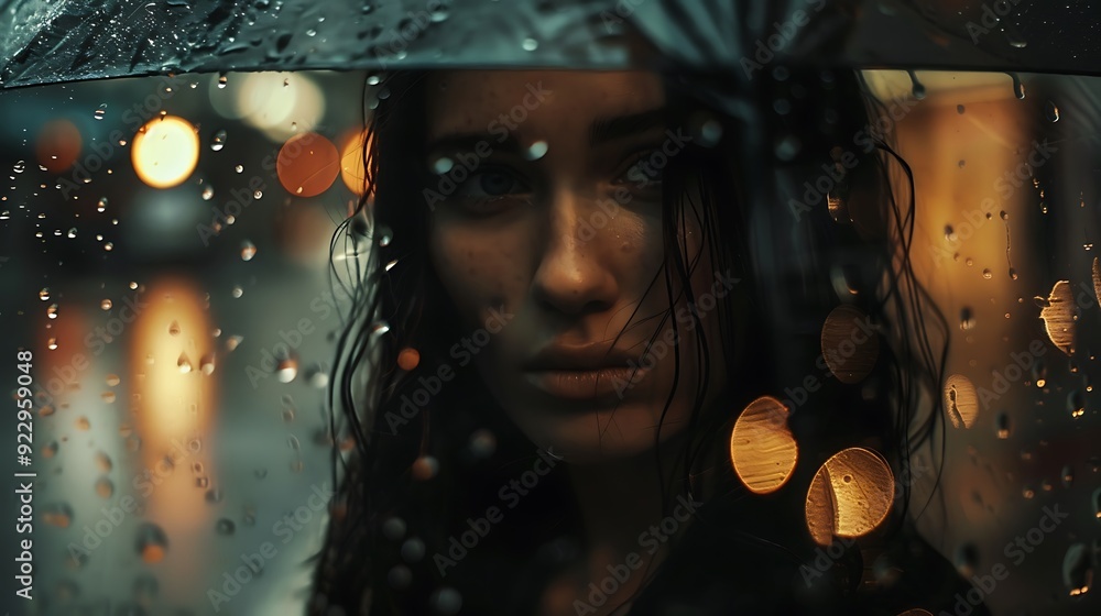 Fototapeta premium Woman with a poker face standing in the rain her expressionless eyes reflecting the streetlights capturing the essence of hidden emotions and inner strength