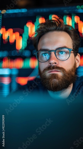 Focused man in glasses looking at a computer screen displaying stock market data.