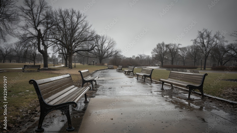 Empty Benches on a Rainy Day in a Park Empty Benches on a Rainy Day in a Park