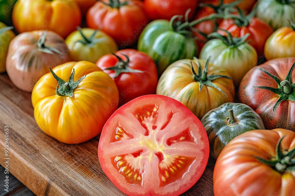 Obraz premium Ripe tomatoes on a wooden board.