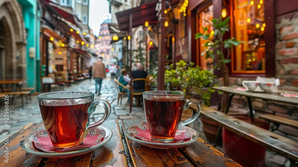 Savoring authentic turkish tea at a charming street cafe in the heart of istanbul, turkey Savoring authentic turkish tea at a charming street cafe in the heart of istanbul, turkey