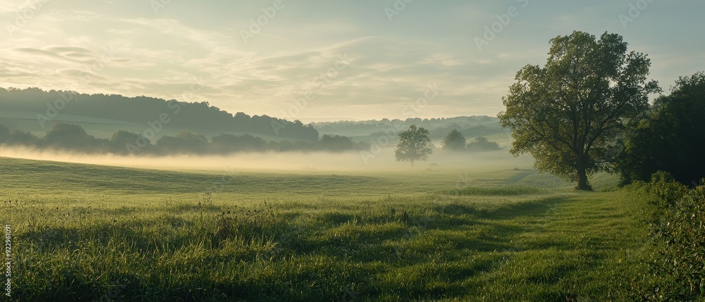 Scenic countryside with mist and sunrise, Scenic countryside with mist and sunrise,