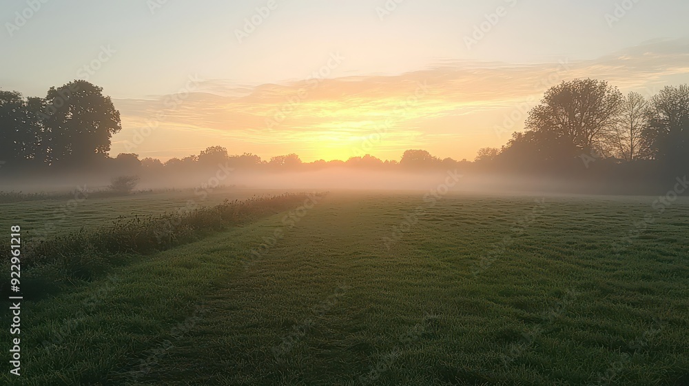 Fototapeta premium Scenic countryside with mist and sunrise,