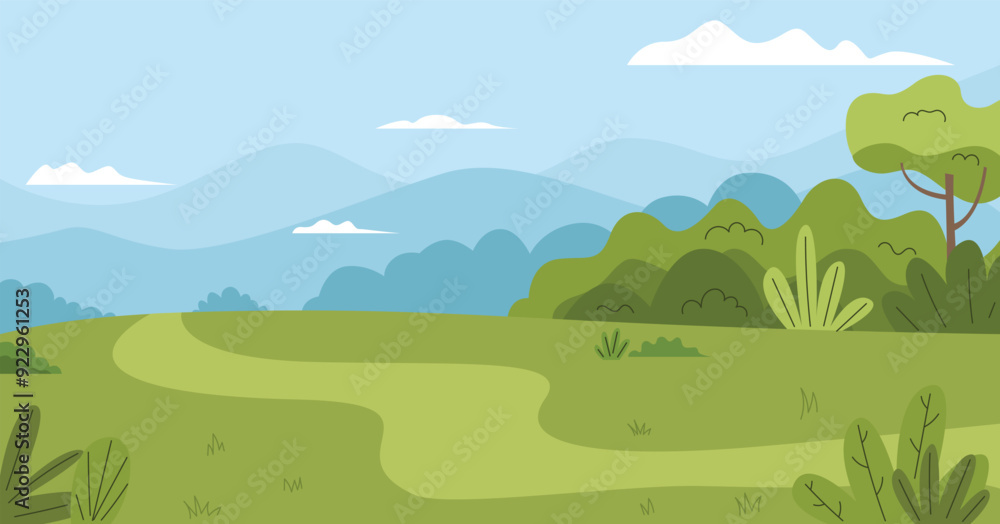 Fototapeta premium Landscape green grass with trees, sky and clouds panoramic view