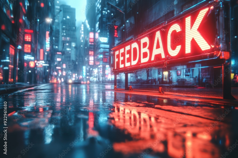 Red neon sign that reads feedback on a wet street Red neon sign that reads feedback on a wet street