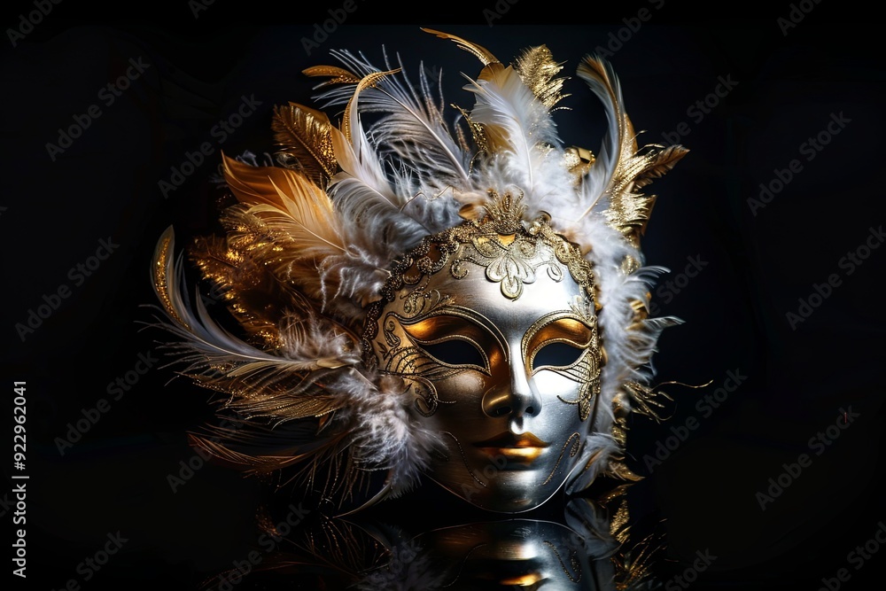 A silver and gold venetian mask with feathers, on a black background. A silver and gold venetian mask with feathers, on a black background.