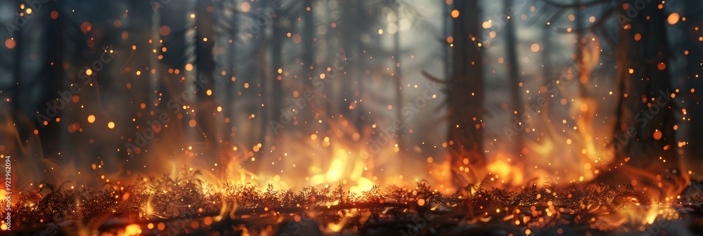 Blurred backdrop of a forest fire consuming the underbrush, with heated air distorting tree silhouettes and numerous small soot particles suspended in the smoky atmosphere. Blurred backdrop of a forest fire consuming the underbrush, with heated air distorting tree silhouettes and numerous small soot particles suspended in the smoky atmosphere.